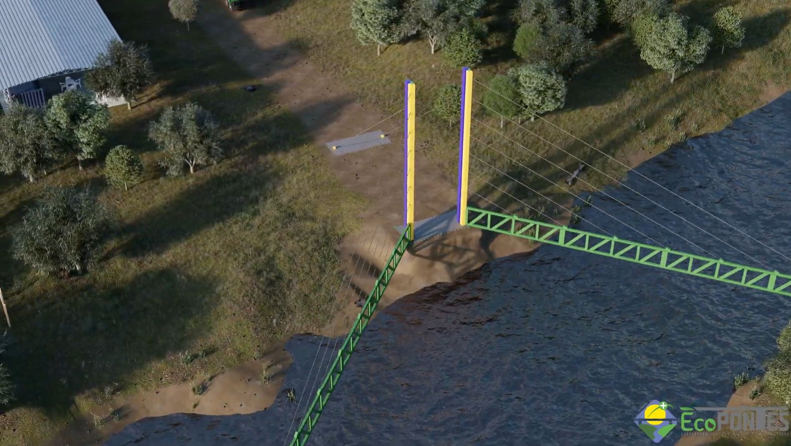Render técnico da Ponte Voadora — mastros amarelos e treliça verde